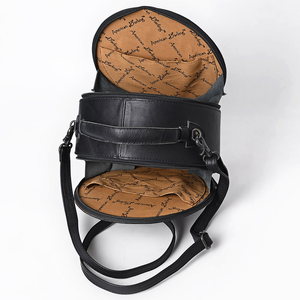 ADBG1604 Round Leather Canteen Bag with Floral Tooled Border & Embossed Center