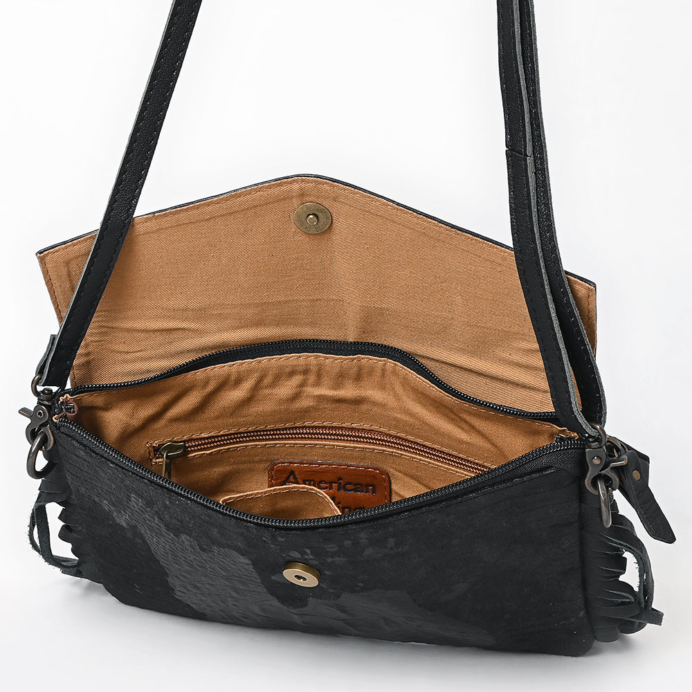 ADBG1606 Black Tooled Leather Fringe Wallet Bag with Croc-Embossed Body & Floral Flap