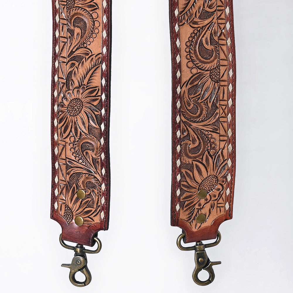ADBT147 Wide Hand-Tooled Leather Bag Strap with Whipstitch Edges - Western Floral Carved Replacement