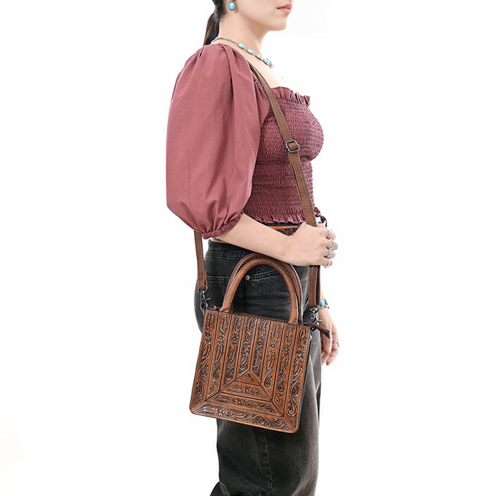 ADBG1608 Compact Handtooled Leather Crossbody Tote Bag with Geometric Floral Pattern