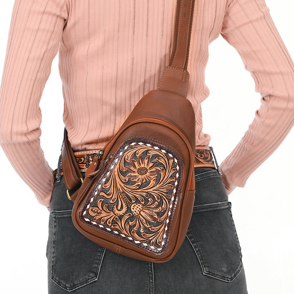 ADBGA662 Brown Leather Sling Backpack with Tooled Floral Front Pocket