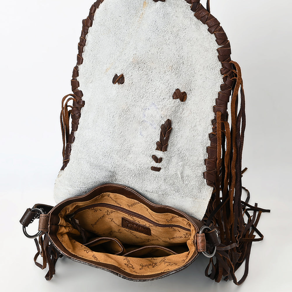 ADBGM477 Cowhide & Leather Western Fringe Messenger Bag - Western Concho Bag with Turquoise Accent