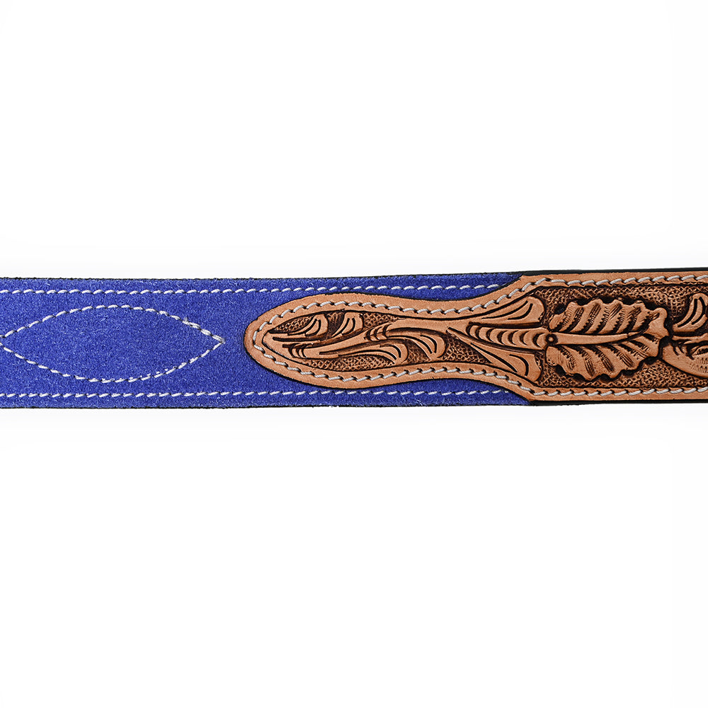 ADBLF329 Hand Tooled Tan Leather Western Belt - Blue Genuine suede Back & Antique Buckle