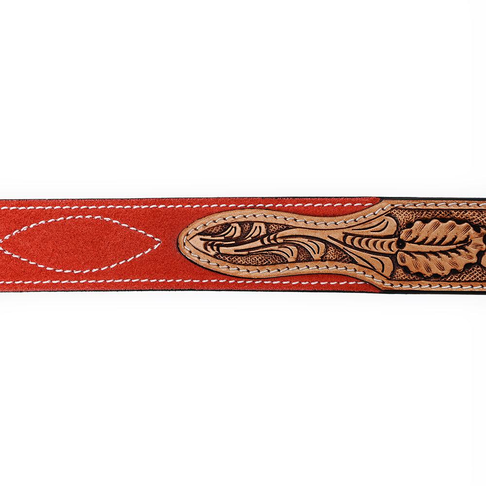 ADBLF330 Tooled Leather Western Belt - Red Genuine suede Back with Antique Silver Buckle