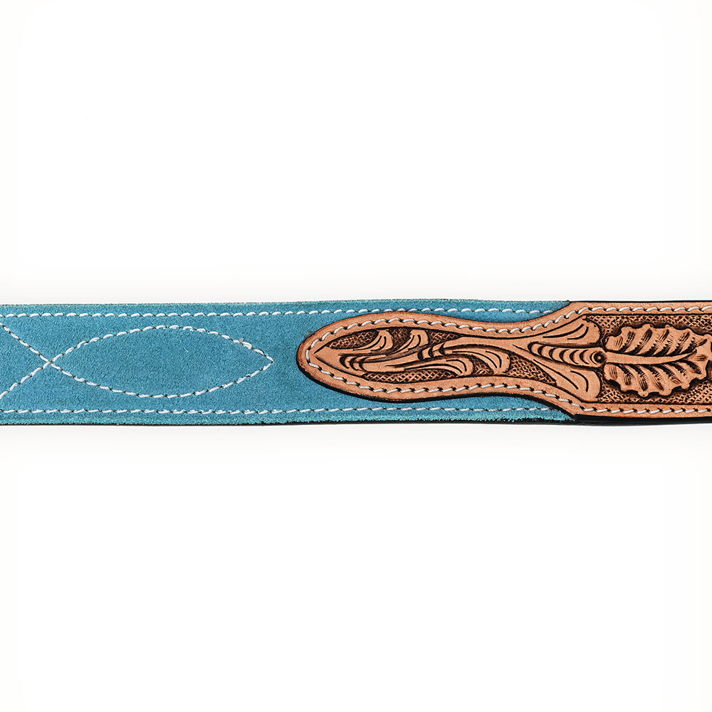 ADBLF331 Turquoise Genuine suede Western Belt - Hand-Tooled Leather Inlay with Engraved Buckle