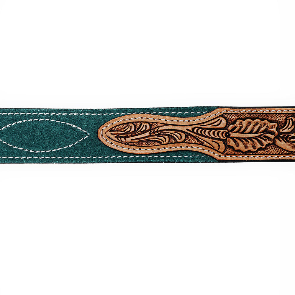 ADBLF333 Green Genuine suede Western Belt - Tooled Leather Inlay & Silver Engraved Buckle