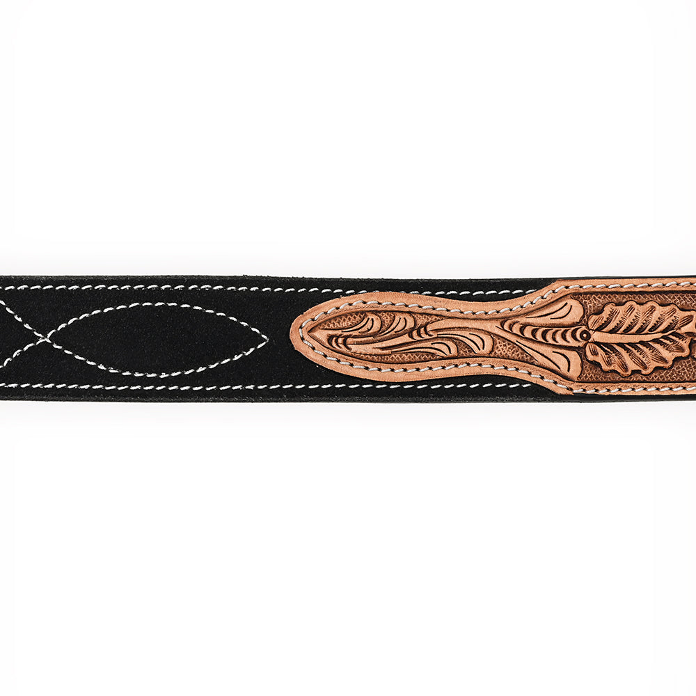 ADBLF335 Black Genuine suede Western Belt - Hand-Tooled Leather Inlay & Silver Engraved Buckle