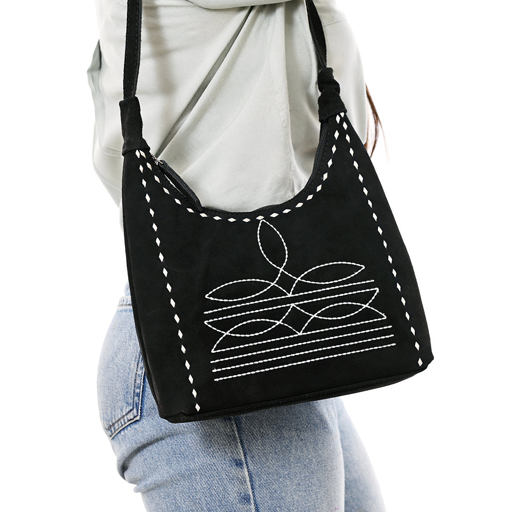 ADBG1617A American Darling Western Genuine Suede Leather Black Hobo Bag with Craftsmanship & Boot Stitch Detailing