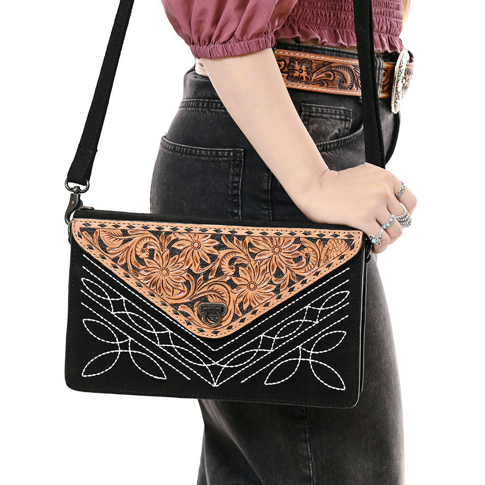 ADBG1623A Western Floral Tooled Leather Envelope Bag - Black Genuine suede Envelope by American Darling