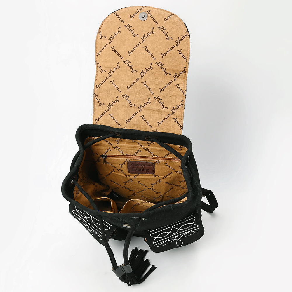 ADBG1624A Black Genuine suede Western Backpack with White Embroidery and Tassel Accents