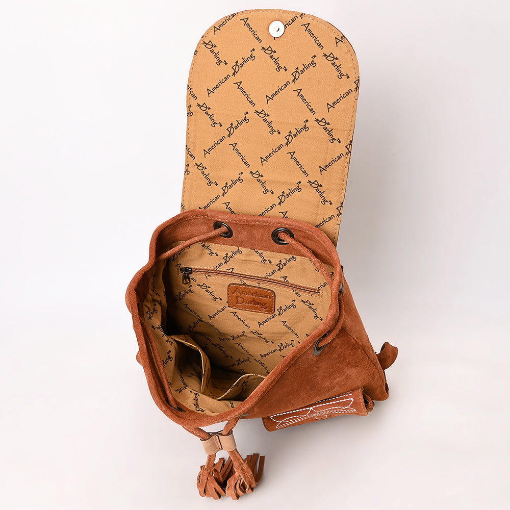 ADBG1624 Genuine suede Western Backpack with White Embroidery and Fringe Tassels