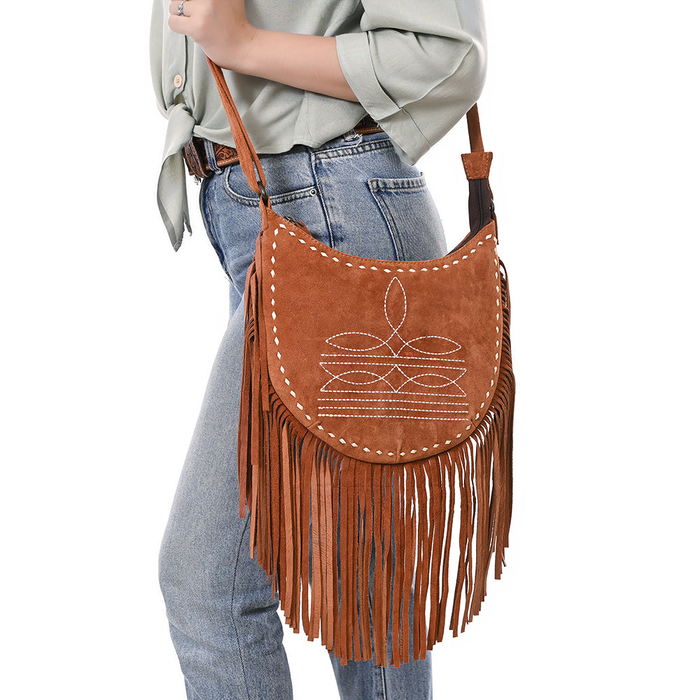 ADBG1625 American Darling Western Leather Genuine Suede Crossbody Bag Boot Stitch Detail & Fringe