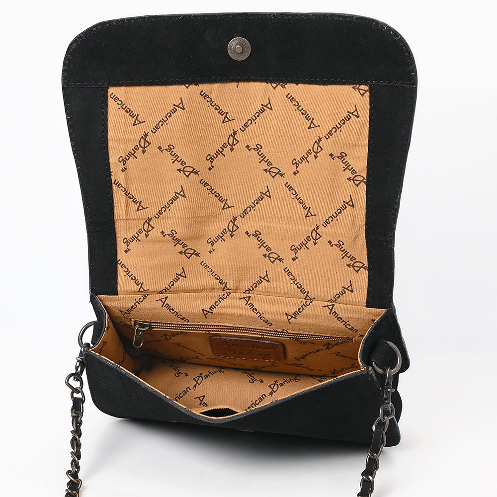 ADBG1626A American Darling Black Genuine Suede Western Leather Crossbody Bag with Buck Stitch & Boot-Stitched Detailing