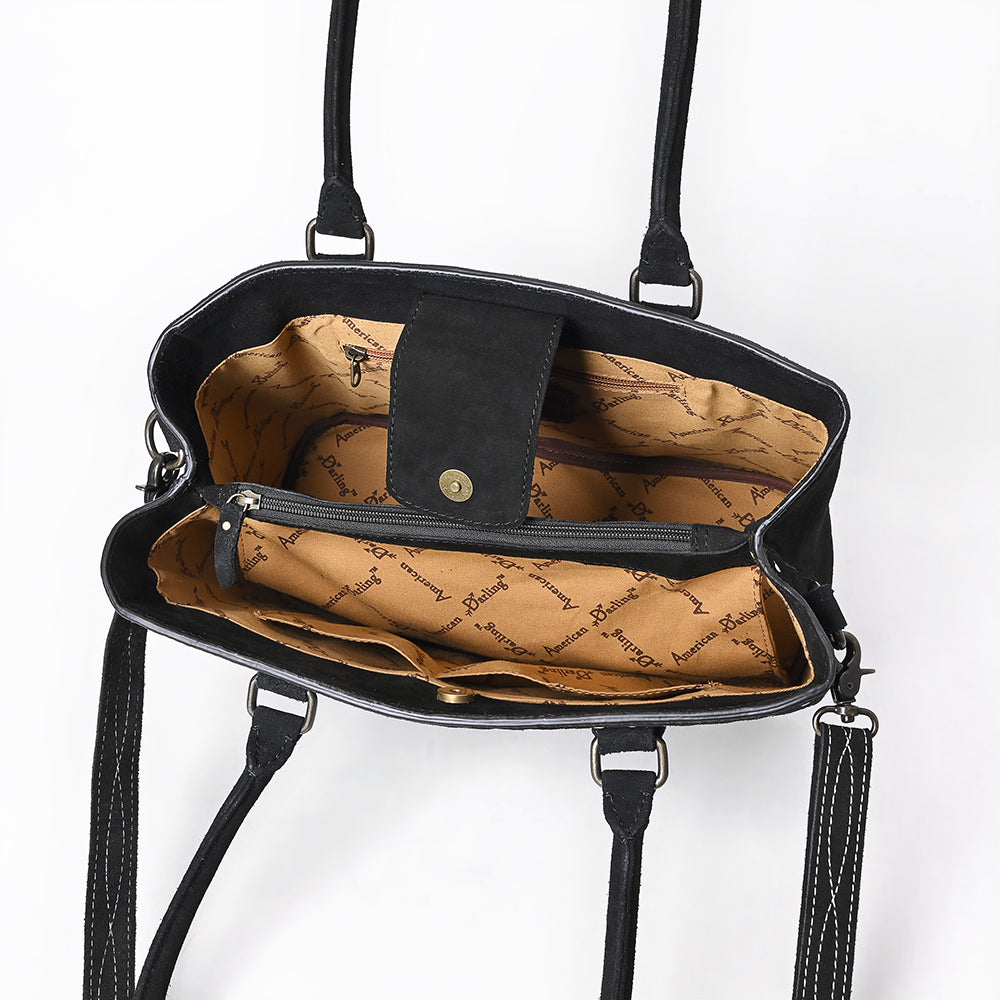 ADBG1629 Black Genuine suede Western Tote Bag with White Stitch Embroidery & Shoulder Strap