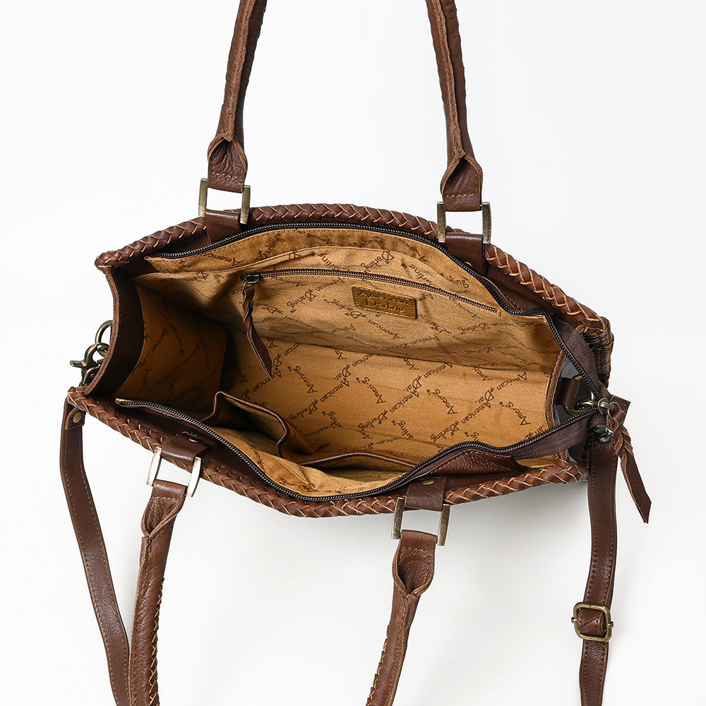 ADBGM520 Hair-On Cowhide Stagecoach Leather Tote with Crossbody Strap - Western Heritage Handbag