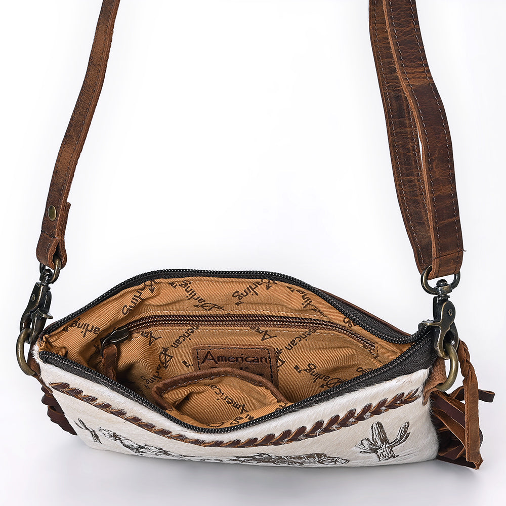 ADBGM523 Western Fringe Crossbody Bag with Stagecoach Design - Hair-On Cowhide Leather Purse