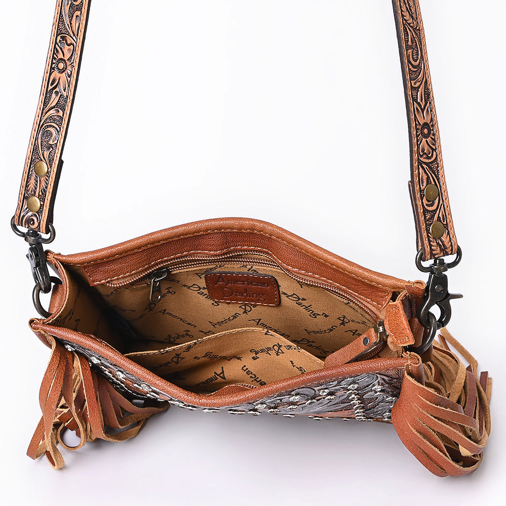 ADBG1632 Tooled Leather Crossbody Bag with Floral Inlay, Fringe, and Hand-Carved Strap