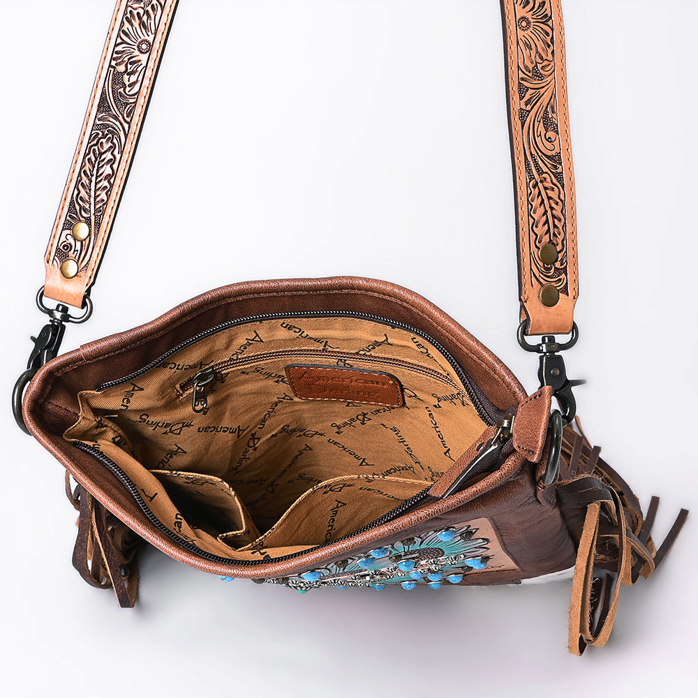 ADBG1633 Leather Thunderbird Messenger Bag with Turquoise Accents, Fringe & Tooled Strap