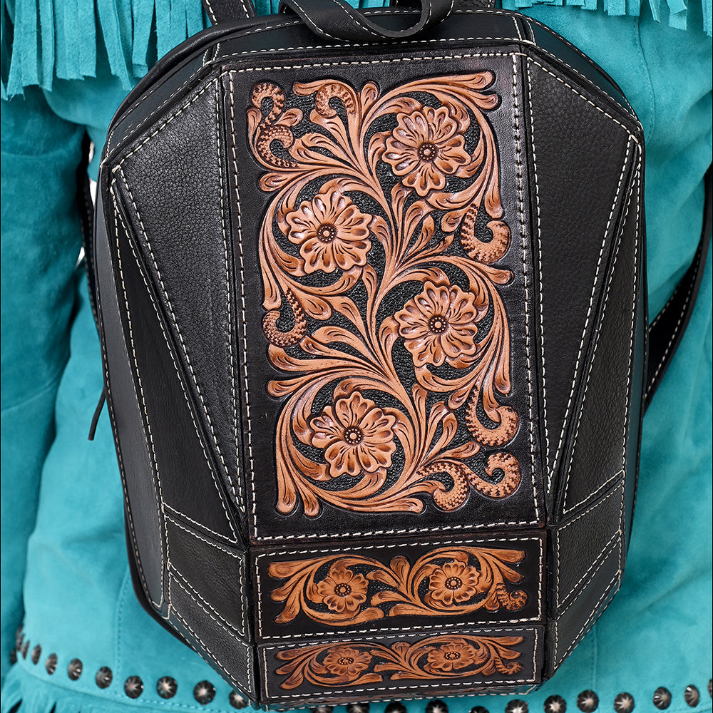 ADBGA680 Hand-Tooled Black Leather Western Backpack with Floral Carving
