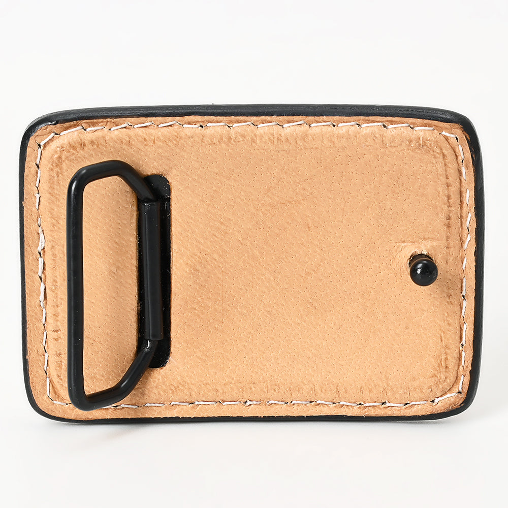 ADBLF107-BU Hand-Painted Feather Tooled Leather Belt Buckle White & Turquoise on Tan