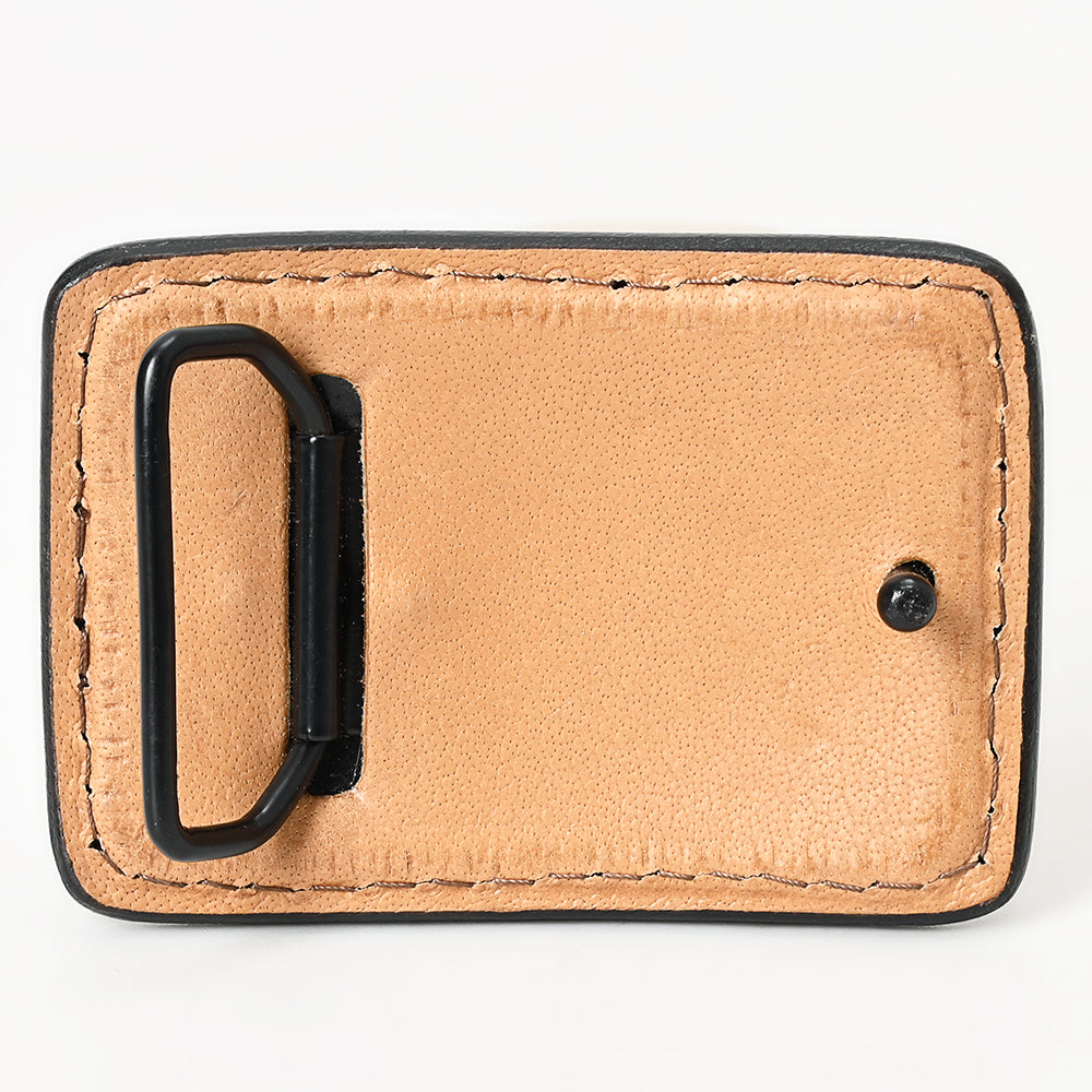 ADBLF110-BU Hand-Tooled Leather Belt Buckle - Western Floral with Turquoise Accents