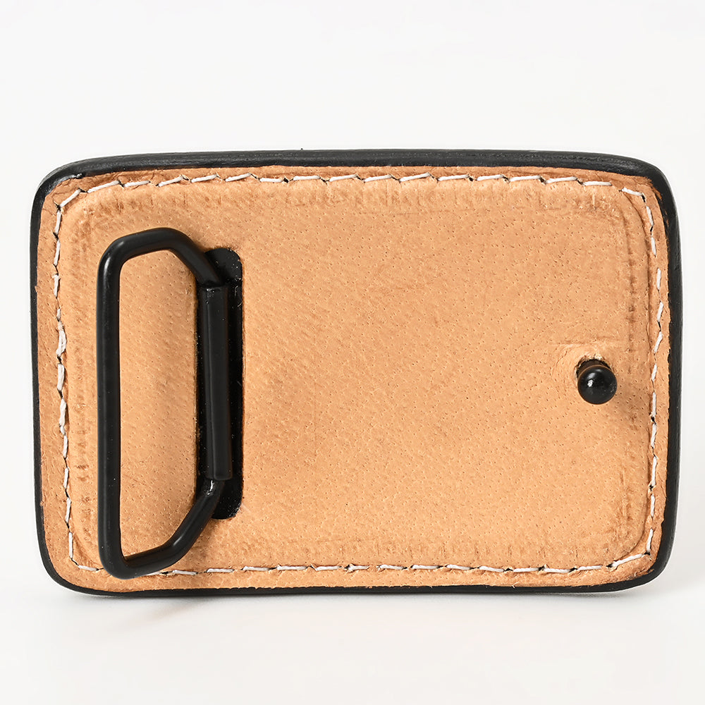 ADBLF128-BU Hand-Tooled Leather Belt Buckle - Skull Design with Turquoise & Brown Accents