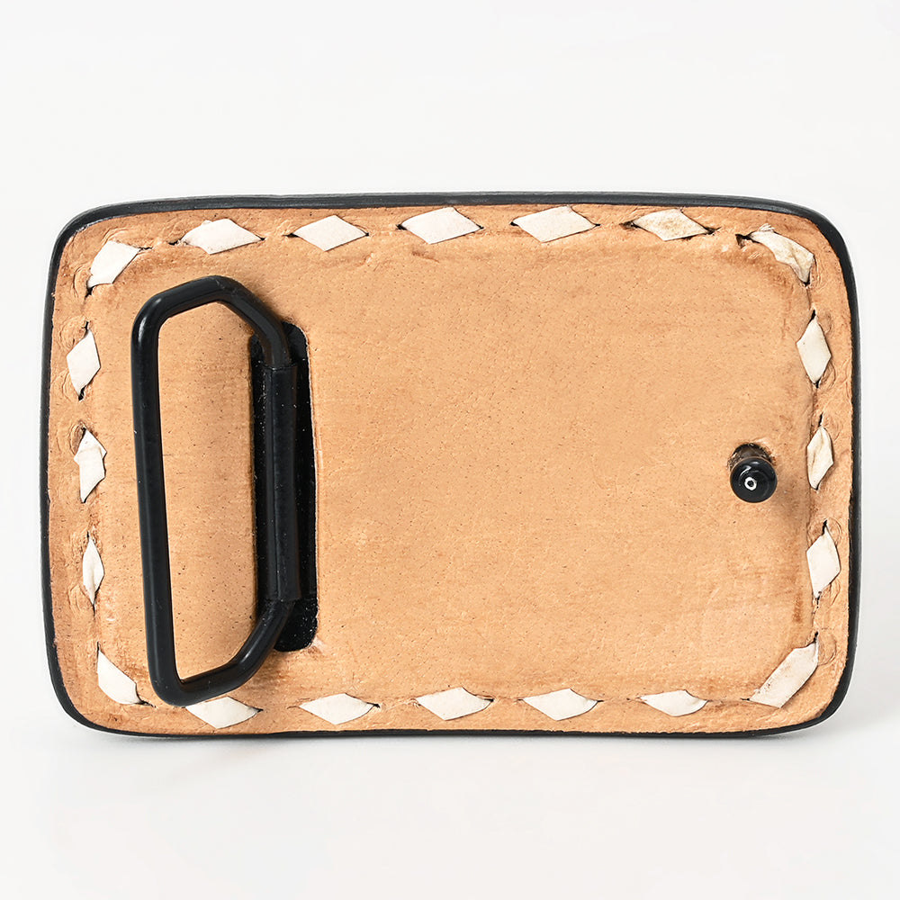 ADBLF133-BU Hand Tooled Leather Belt Buckle - Sunflower & Turquoise Floral Design with Green Border