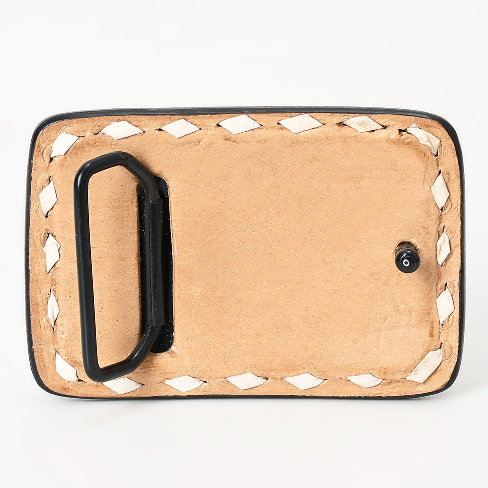 ADBLF136-BU Hand Tooled Leather Belt Buckle - Western Floral & Feather Design with White Diamond Border