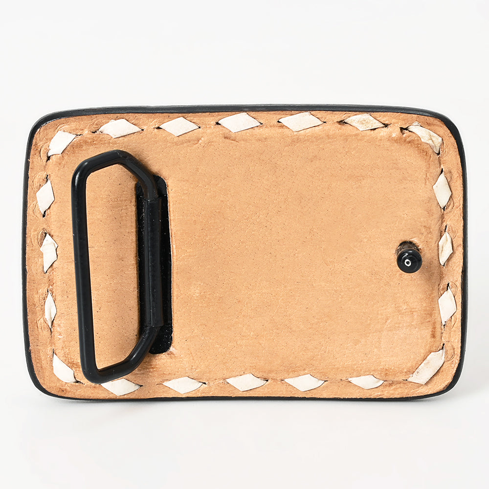 ADBLF137-BU Hand Tooled Leather Belt Buckle - Western Floral Scroll Design with Green Background and White Diamond Border