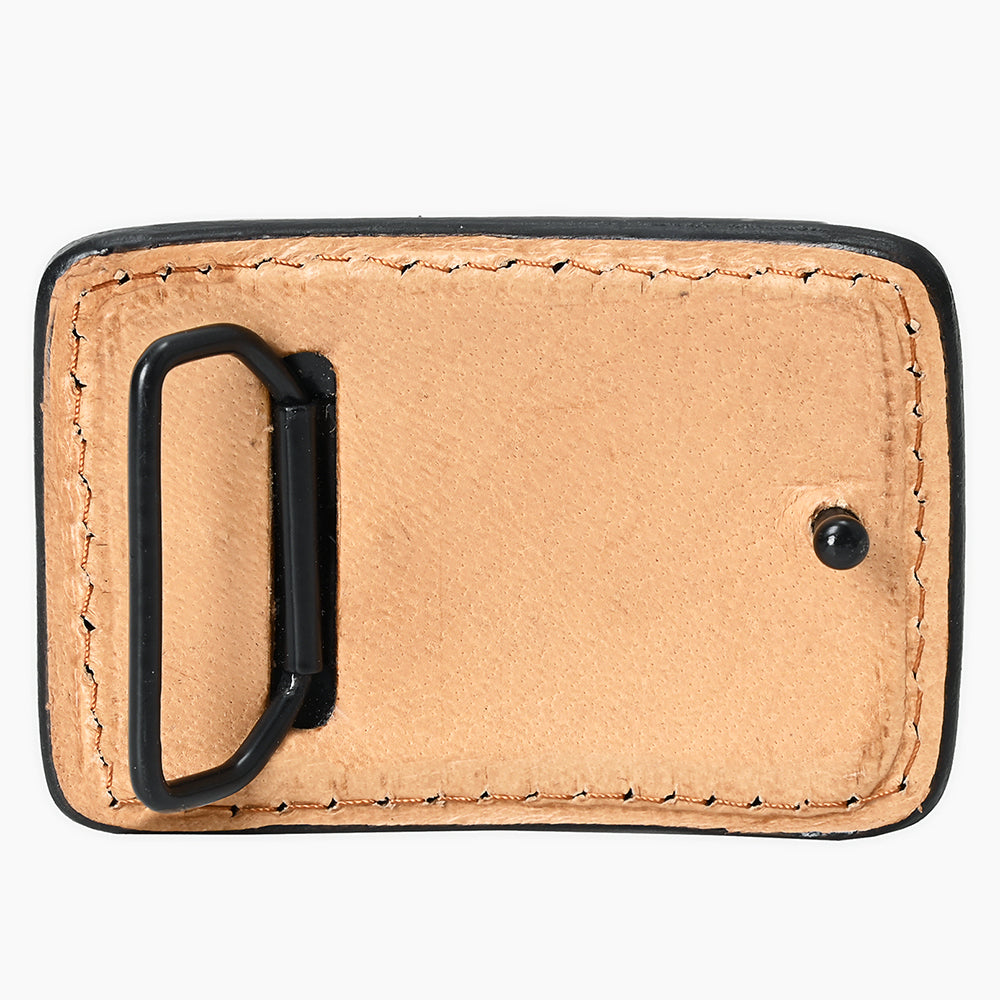 ADBLF138-BU Hand Tooled Leather Belt Buckle - White Flower & Scroll Design with Green Accents