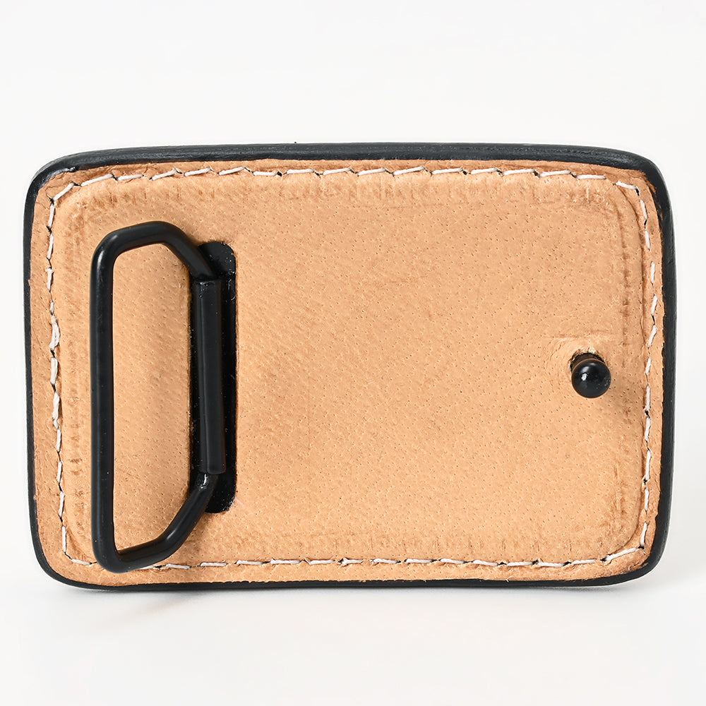 ADBLF140-BU Hand Tooled Leather Belt Buckle - Black Arrow & Sunflower with Red Border and Western Scroll