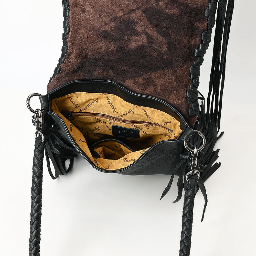 ADBGM549 Black Leather Fringe Messenger Bag - Western Braided Purse with Conchos & Distressed Flap