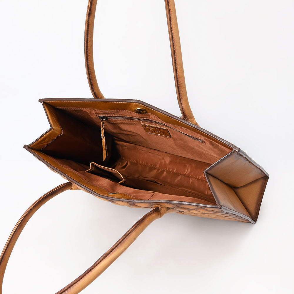 ADBGM525 Quilted Tan Leather Tote Bag - Western-Style Structured Cowgirl Handbag