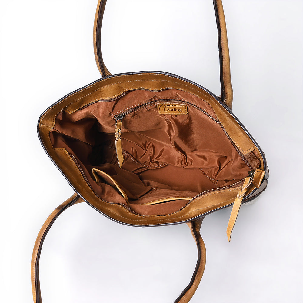 ADBGM526 Two-Tone Cowhide & Tooled Leather Tote - Western Handbag with Braided Trim