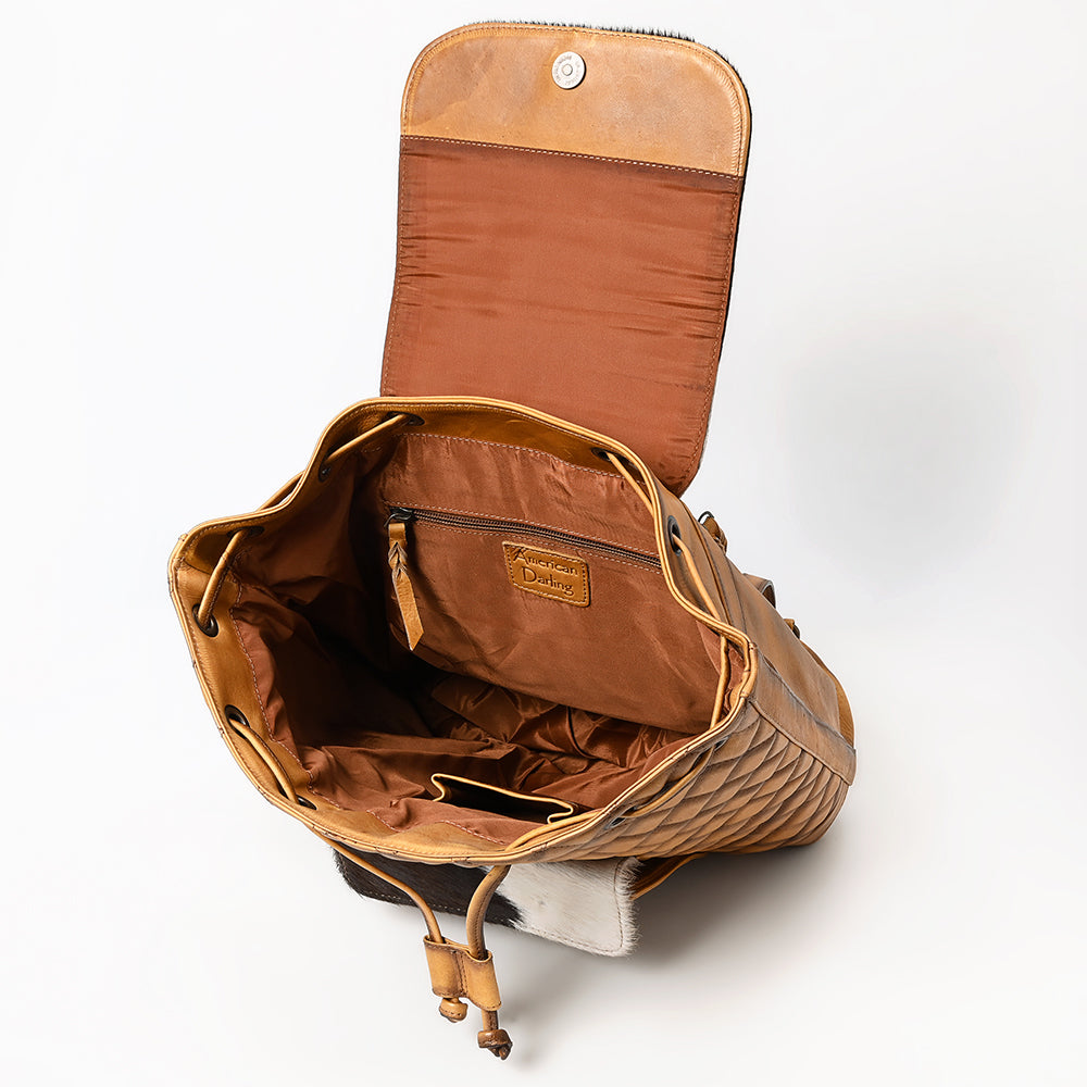 ADBGM536 Quilted Leather & Cowhide Western Backpack - Handcrafted Drawstring Rodeo Bag