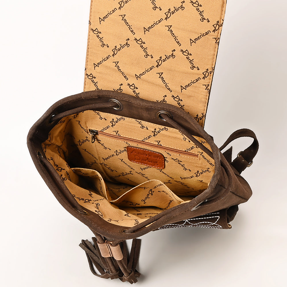 ADBG1640 Brown Genuine suede Embroidered Backpack with Dual Front Pockets and Tassel Drawstring