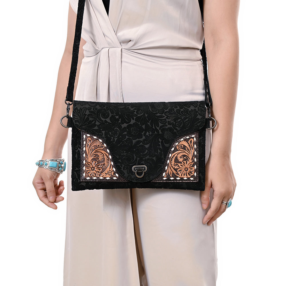 ADBG1641 American Darling Western Leather Small Cross Body Bag with Damascus Hand-Tooled Floral Accents