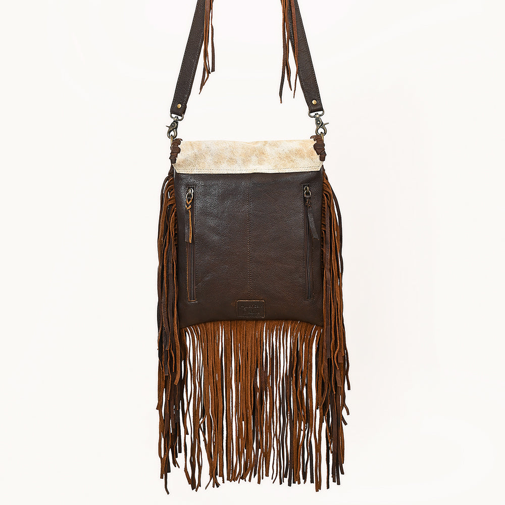 ADBGM540 Western Sunset Cowboy Fringe Messenger - Hair-On Leather Applique Bag with Desert Scene