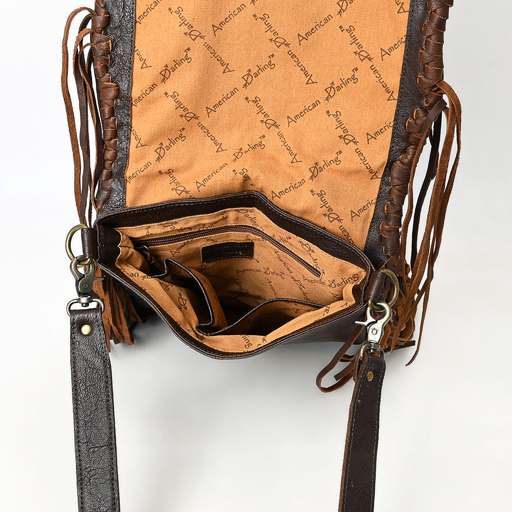 ADBGM540 Western Sunset Cowboy Fringe Messenger - Hair-On Leather Applique Bag with Desert Scene