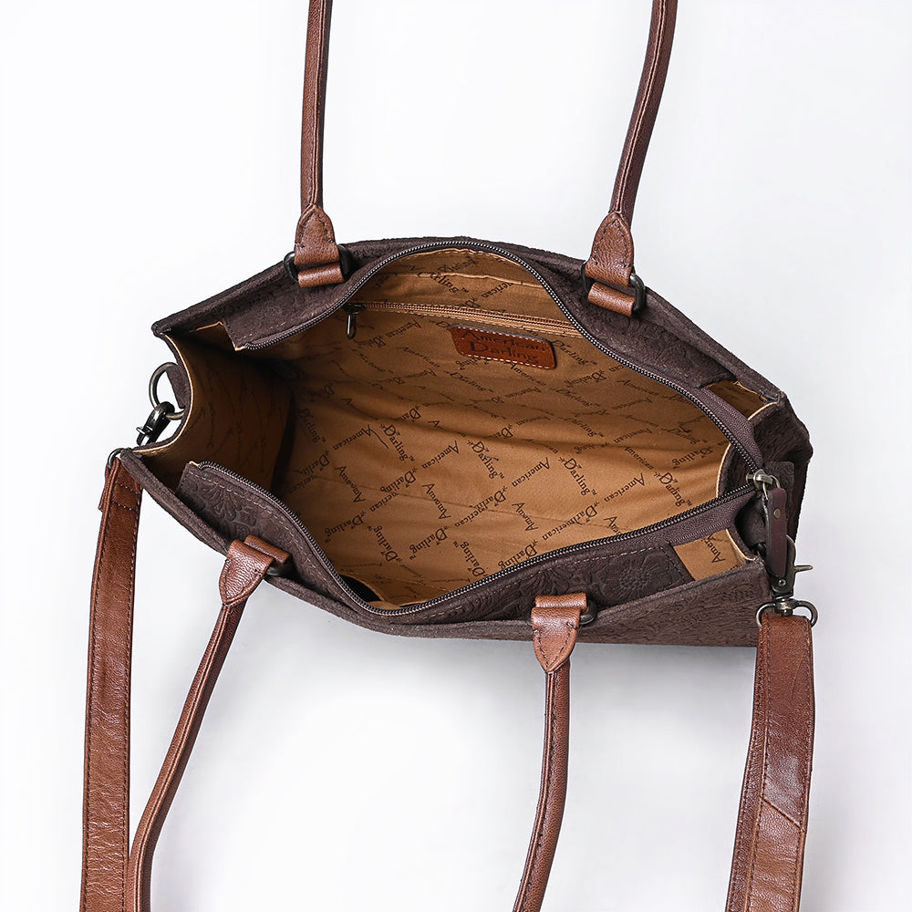 ADBG1644 Brown Floral Embossed Leather Tote Bag with Dual Handles and Crossbody Strap