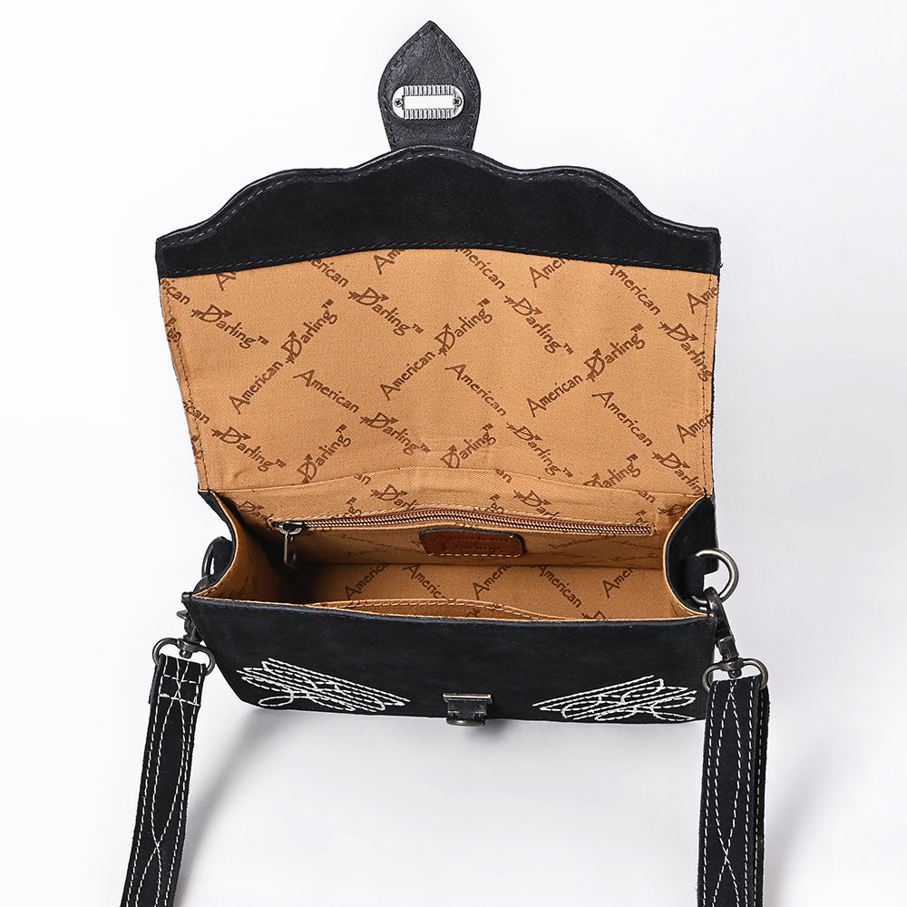 ADBG1646A Black Genuine suede Crossbody Bag with Tooled Sunflower Strap & White Embroidery
