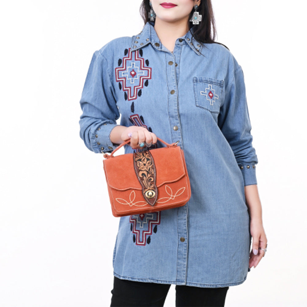ADBGA712 American Darling Hand Tooled Floral Carved Genuine Suede Leather Cross body Bag