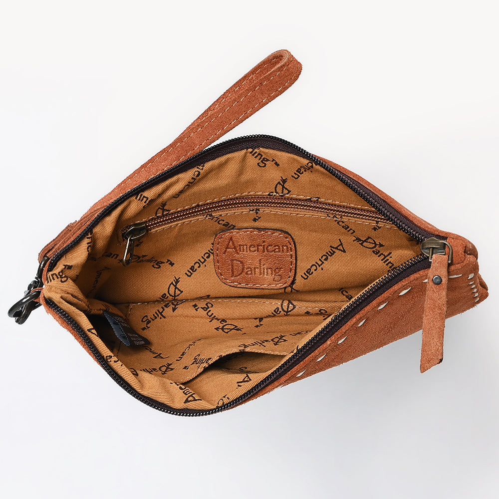 ADBG1652 Tan Genuine suede Wristlet Pouch with White Embroidery & Zip Closure