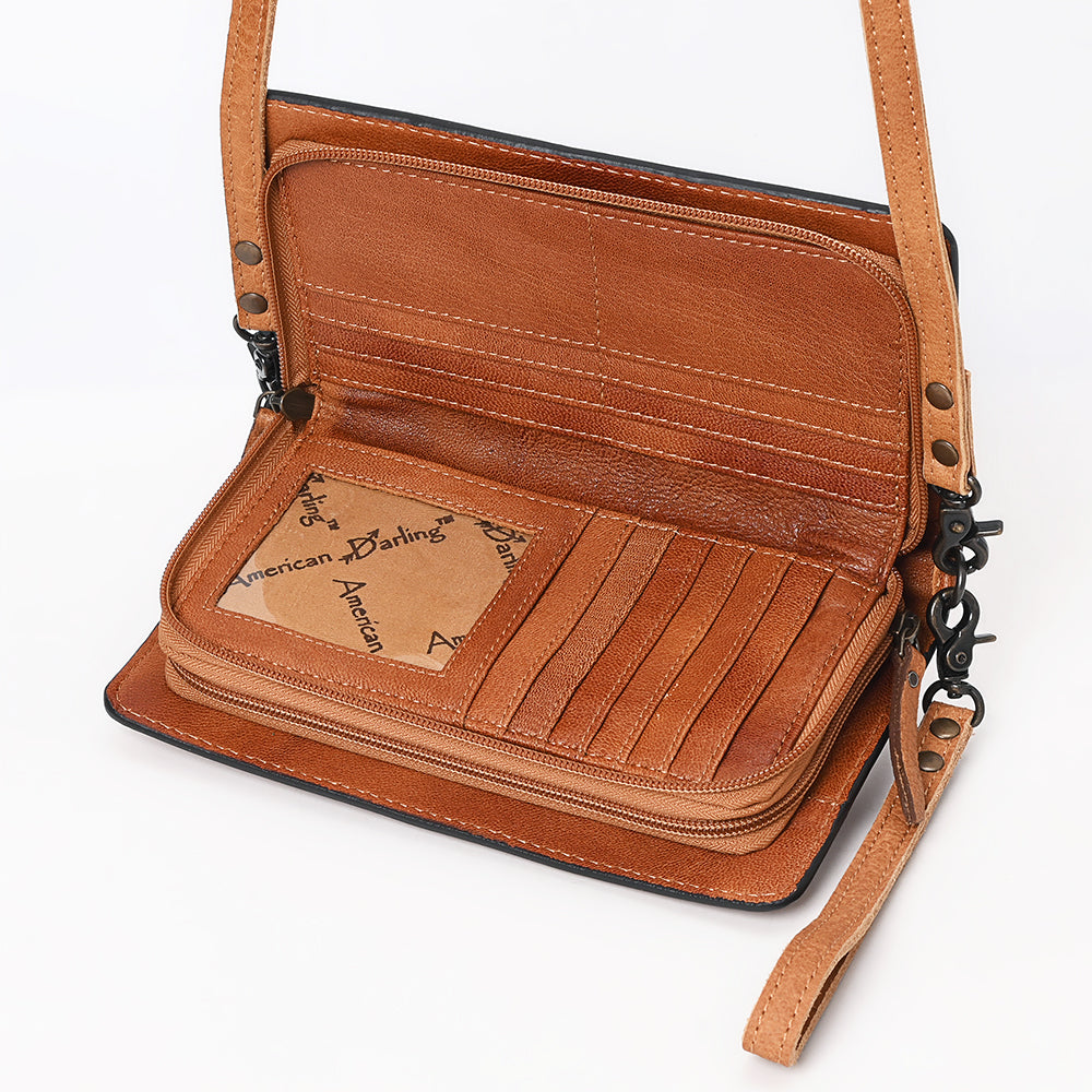 ADBG1653 Tan Genuine suede & Tooled Leather Organiser Bag with White Embroidery and Floral Border