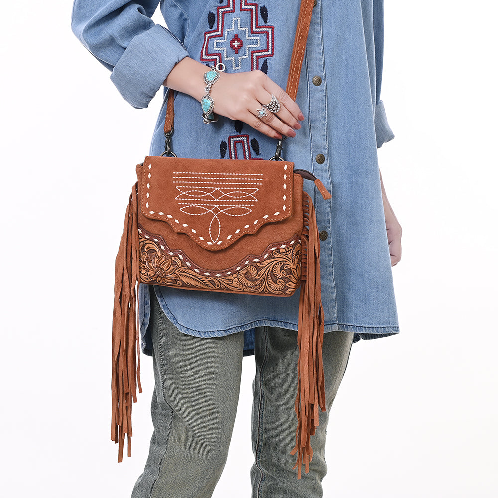 ADBG1657 Tan Genuine suede Crossbody Bag with Scalloped Flap, Tooled Leather & Fringe