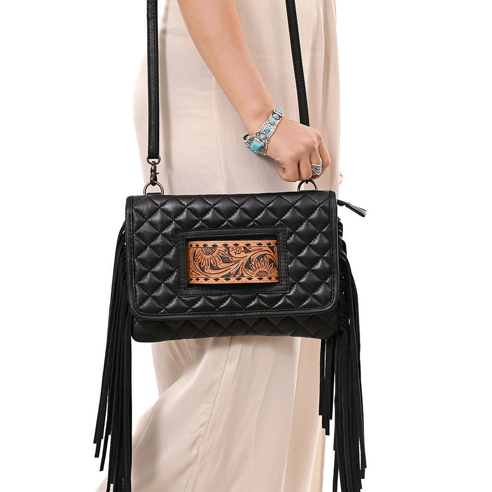 ADBG1665 Black Quilted Leather Crossbody Bag with Fringe and Hand-Tooled Panel American Darling