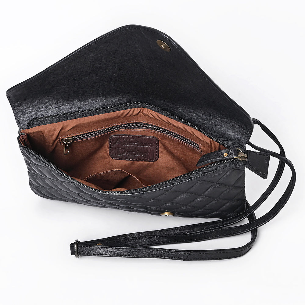 ADBG1672 Tooled Leather Black Quilted Crossbody Wallet with Floral Flap - American Darling