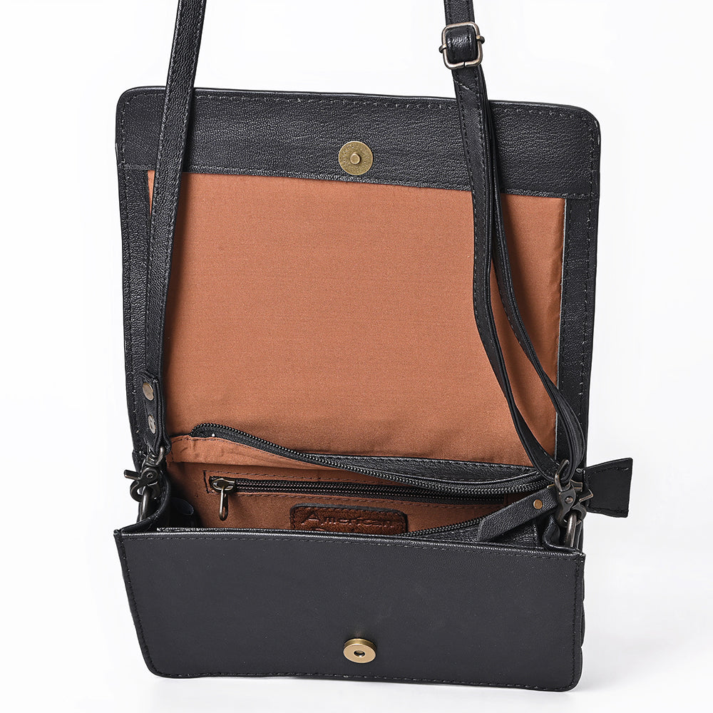 ADBG1673 American Darling Hand-Tooled Floral Black Western Leather Organiser Bag - Quilted Crossbody
