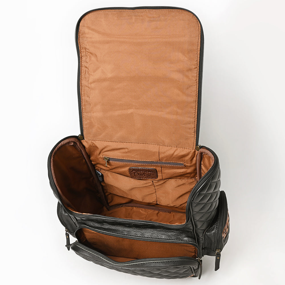 ADBG1674 Black Quilted Leather Backpack with Floral Tooled Accents - American Darling