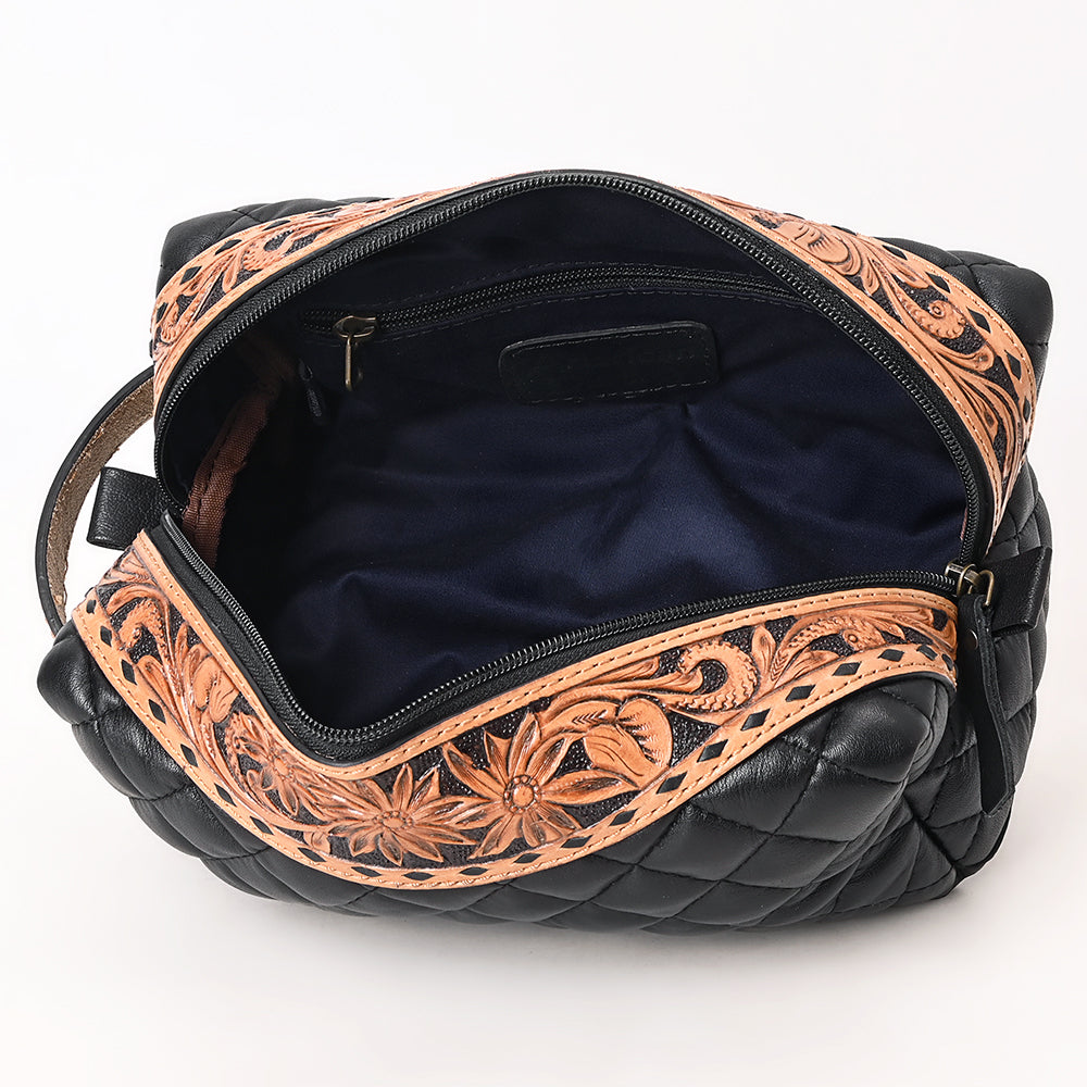 ADBG1675 American Darling Black Western Toiletry Bag with Hand Tooled Floral Carving and Quilted Leather